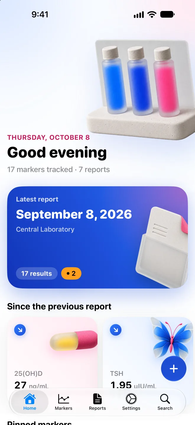BioData home screen: latest report and the markers that changed since the previous one