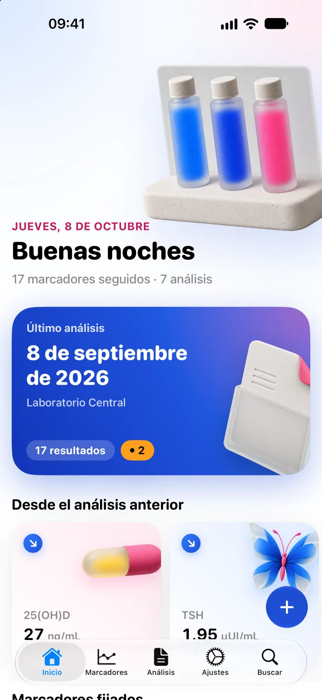 Pantalla de inicio de BioData: último informe y marcadores que han cambiado desde el anterior