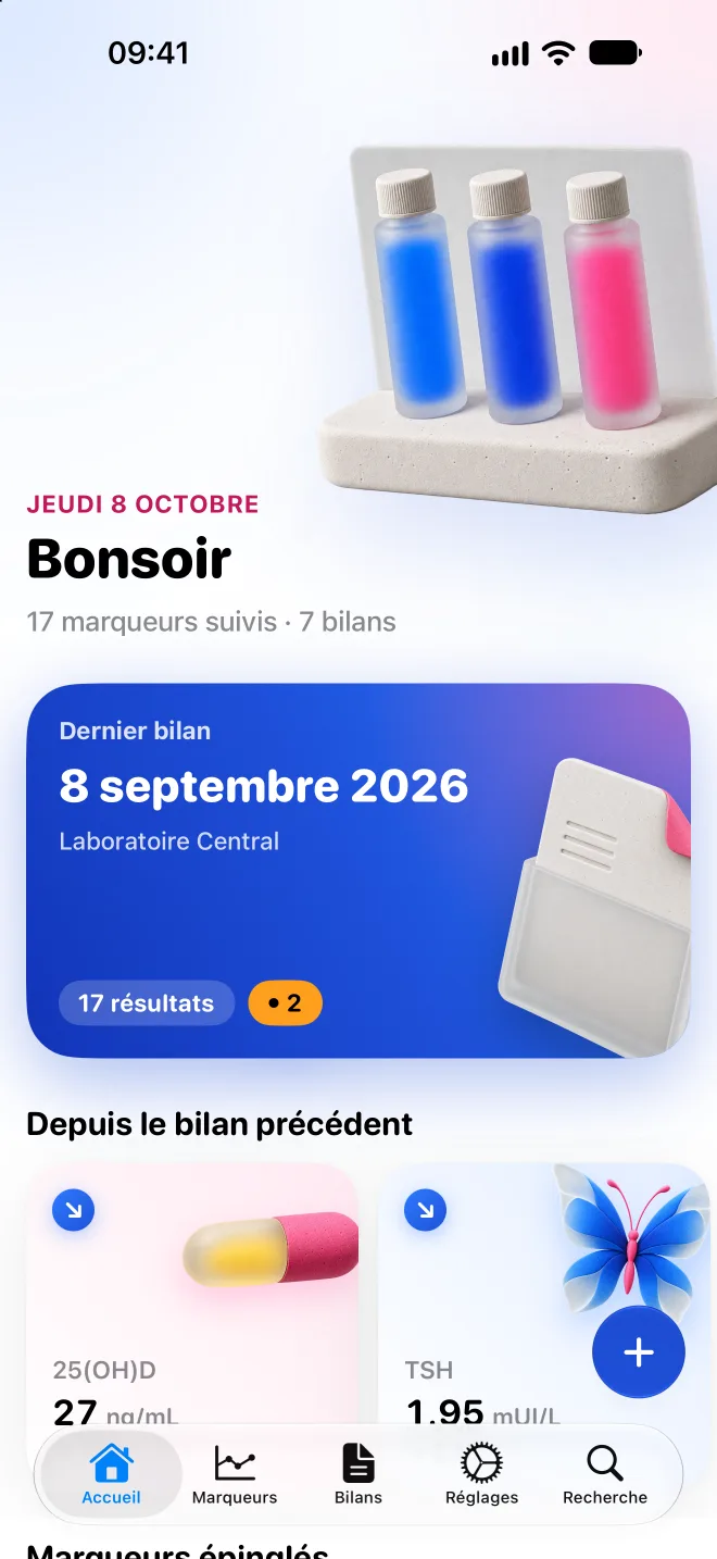 Écran d'accueil de BioData : dernier bilan, marqueurs ayant changé depuis le bilan précédent
