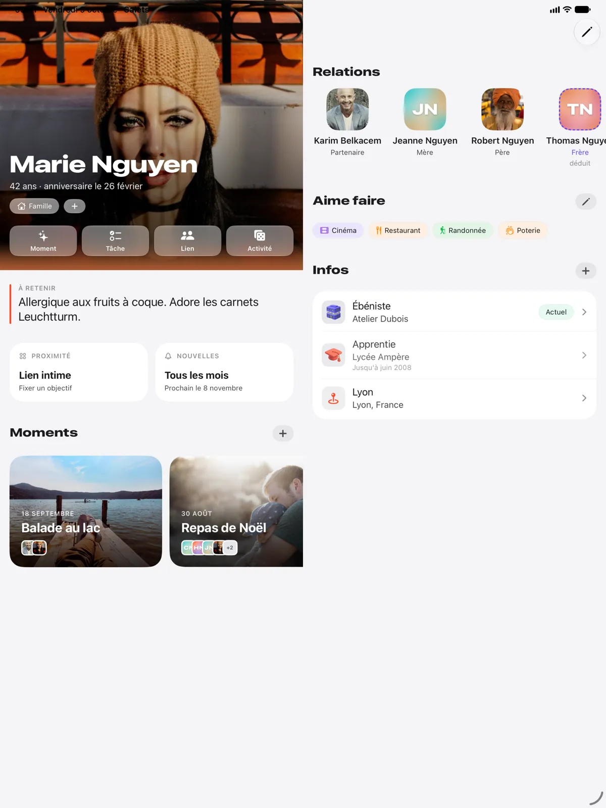 La ficha de Marie Nguyen en iPad: lo que hay que recordar, relaciones, lo que le gusta hacer, trayectoria y momentos.