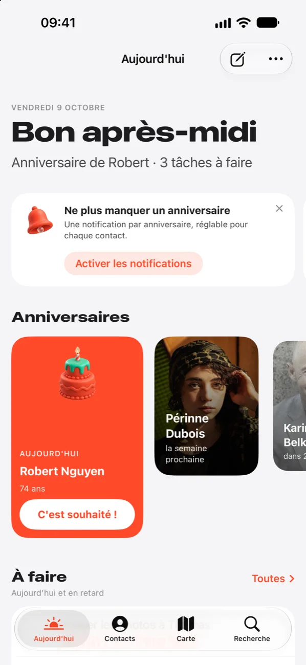 La pantalla Hoy con los cumpleaños y las tareas.